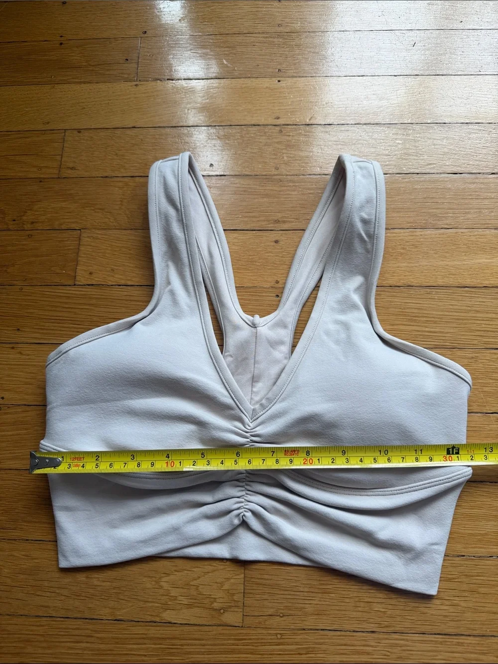 ALO Yoga Macademia Ruched V-Neck Bralette in Light Beige